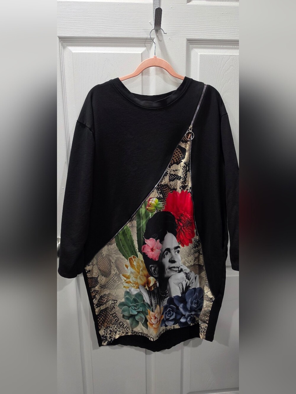 Black Long Sleeve Tunic with Colorful Floral & Portrait Panel